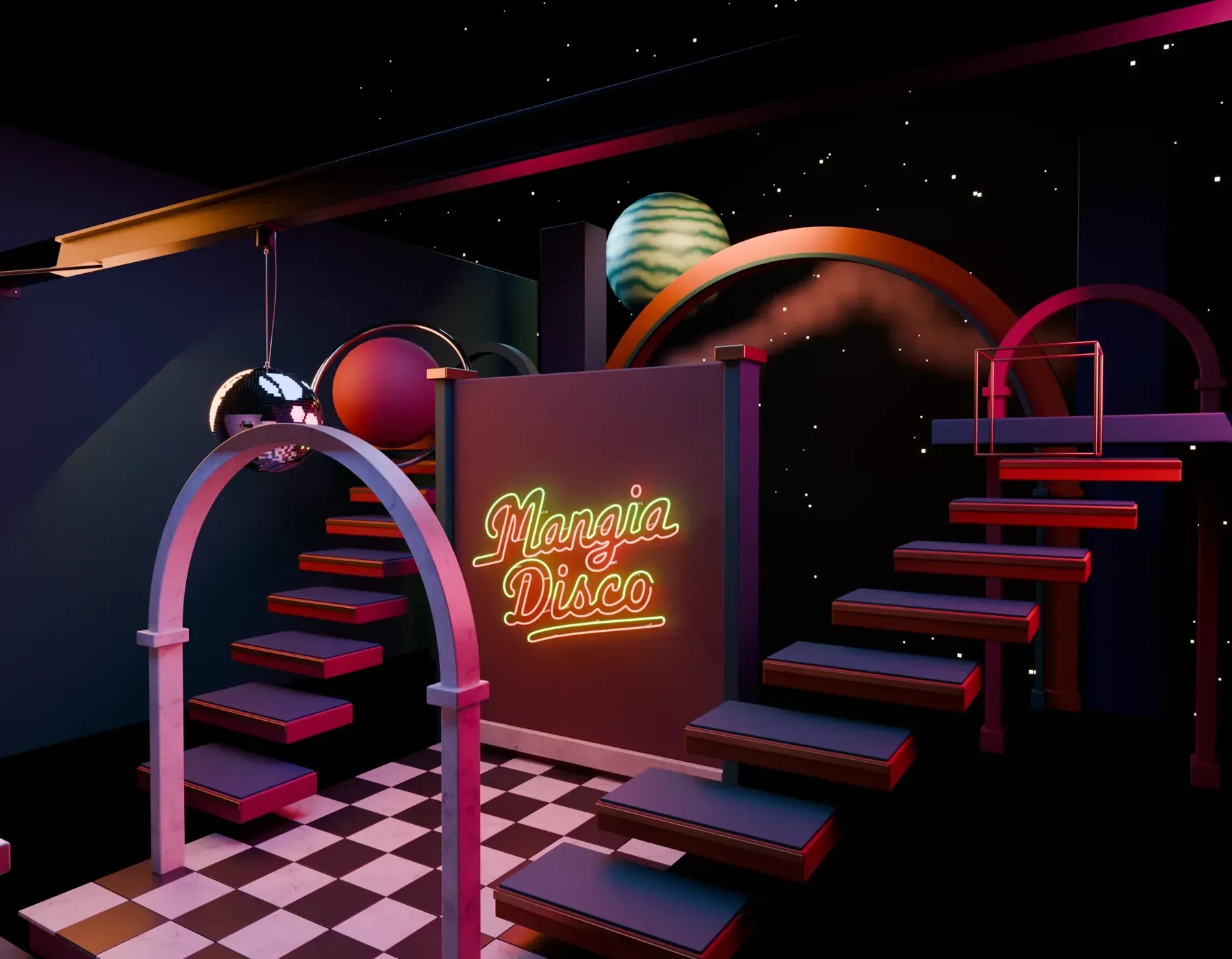 The Mangia Disco room: arches, checkerboard floor, mirror ball and the neon sign